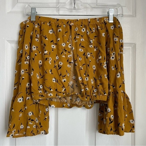 Bleuh Ciel Off the shoulder floral crop top yellow bell sleeve size M boho - Picture 2 of 5